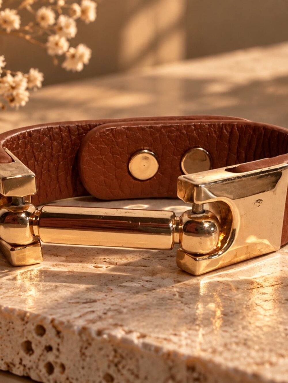 Statement Piece Gold & Tan Pebble Leather Horsebit / Snaffle Cuff Bracelet